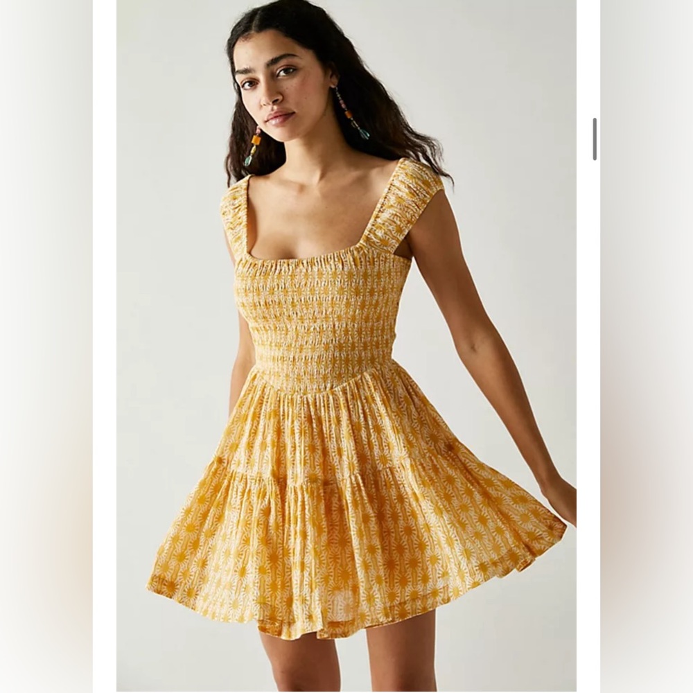 Free People Sweet Annie Mini Dress Sun Smocked Flutter Sleeve - Picture 2 of 9